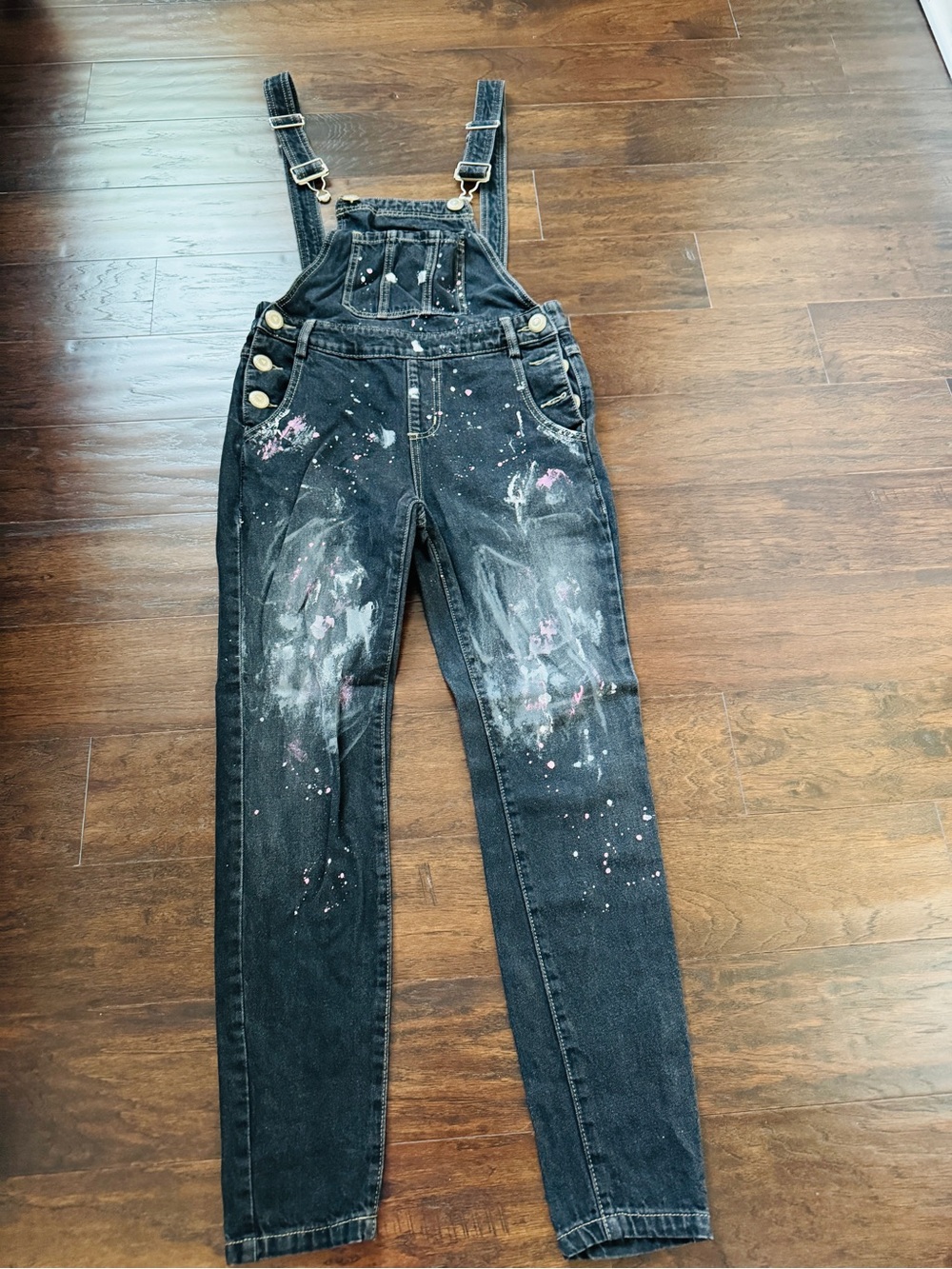 Paint-Splatter Black Denim Overalls with Pink Accents